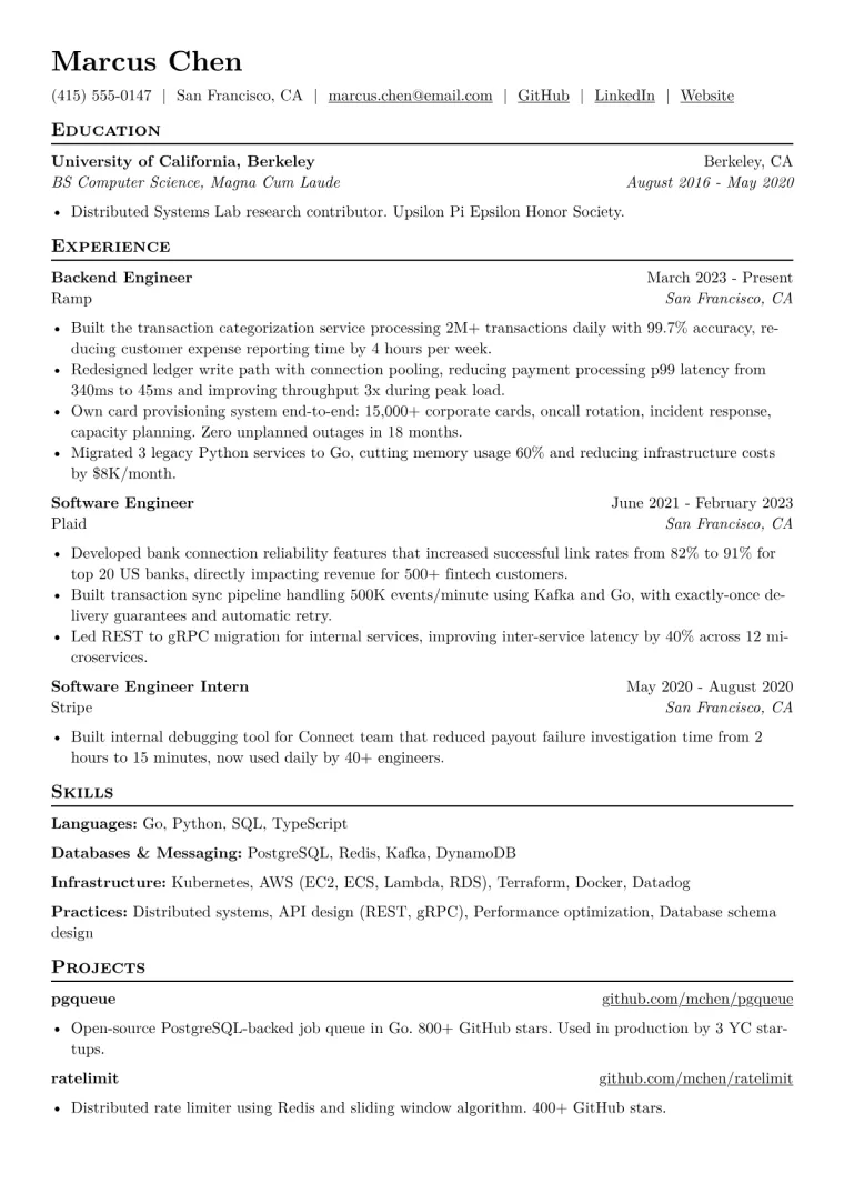 Backend Engineer - Fintech CV template preview