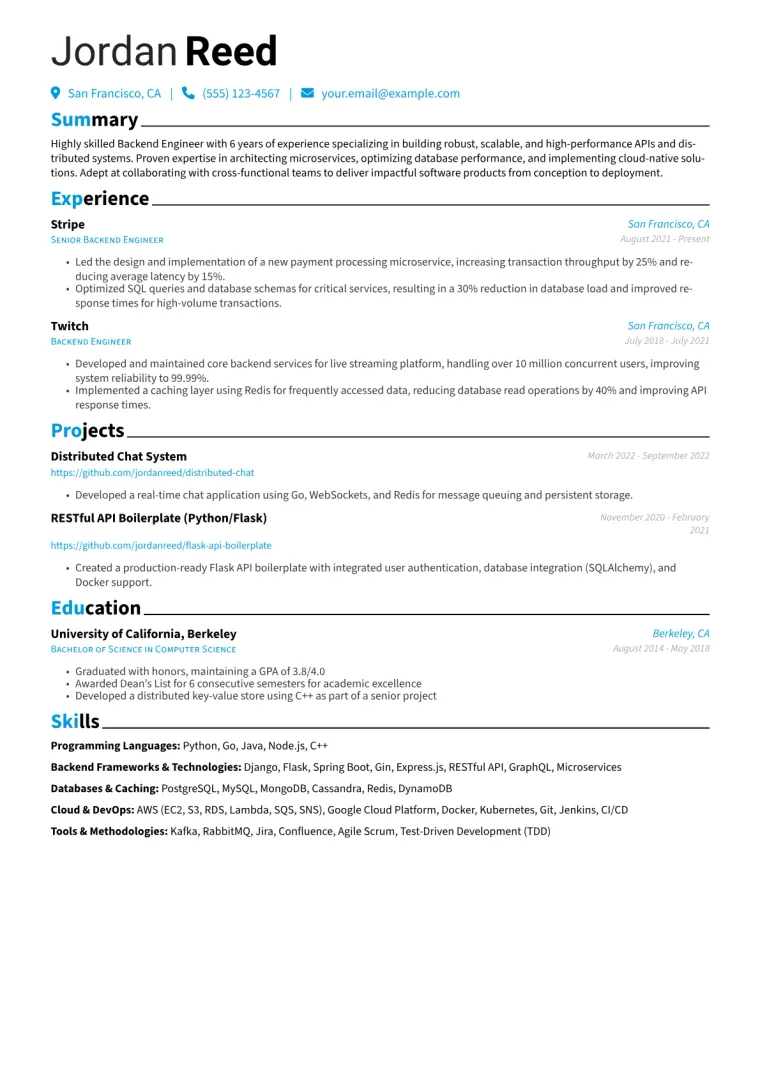 Backend Engineer Resume Example CV template preview