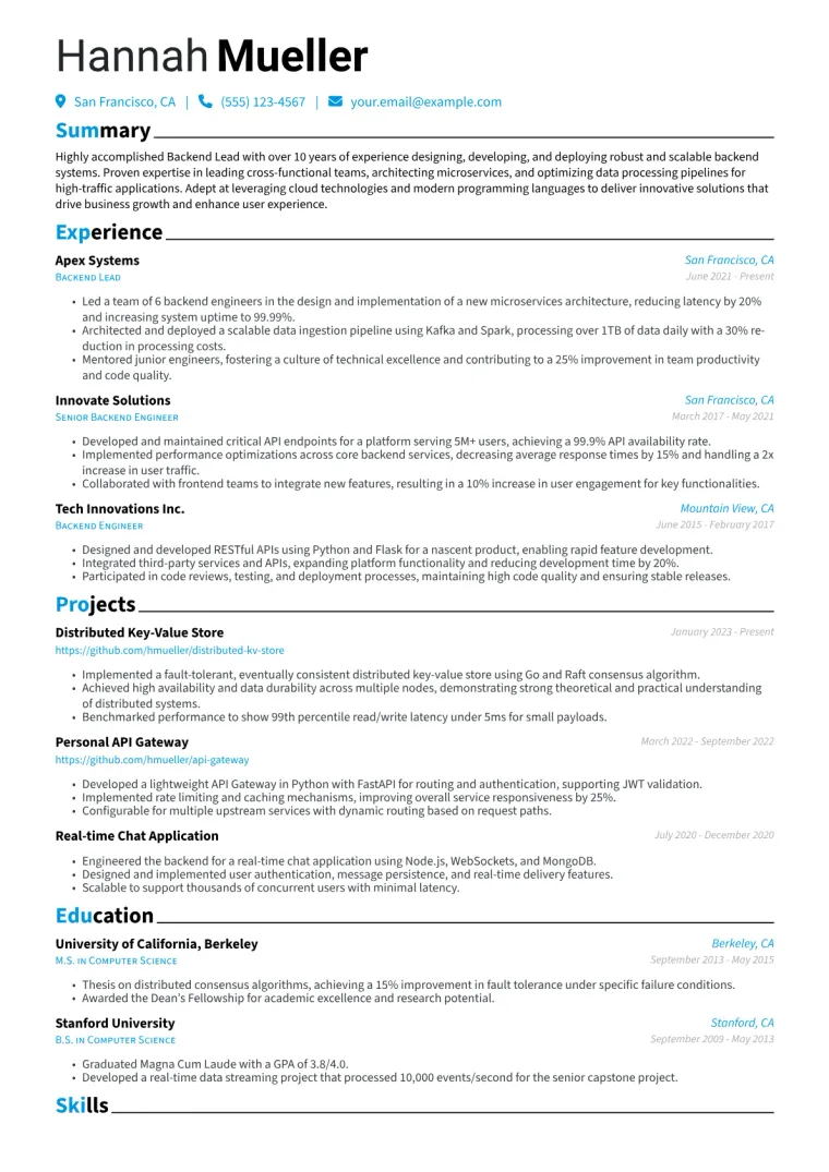 Backend Lead Resume Example CV template preview