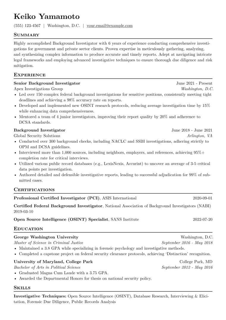 Background Investigator Resume Example CV template preview