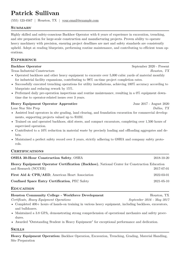 Backhoe Operator Resume Example CV template preview