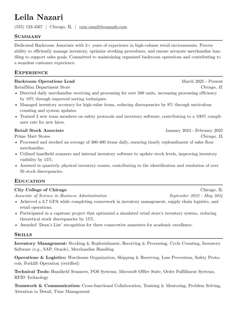 Backroom Associate Resume Example preview