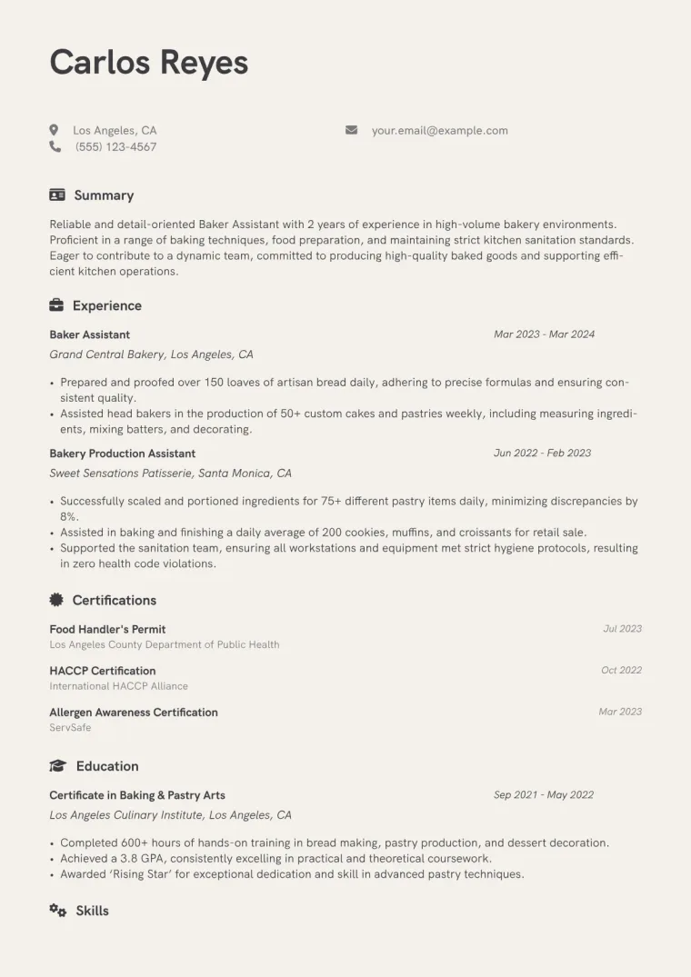 Baker Assistant Resume Example CV template preview