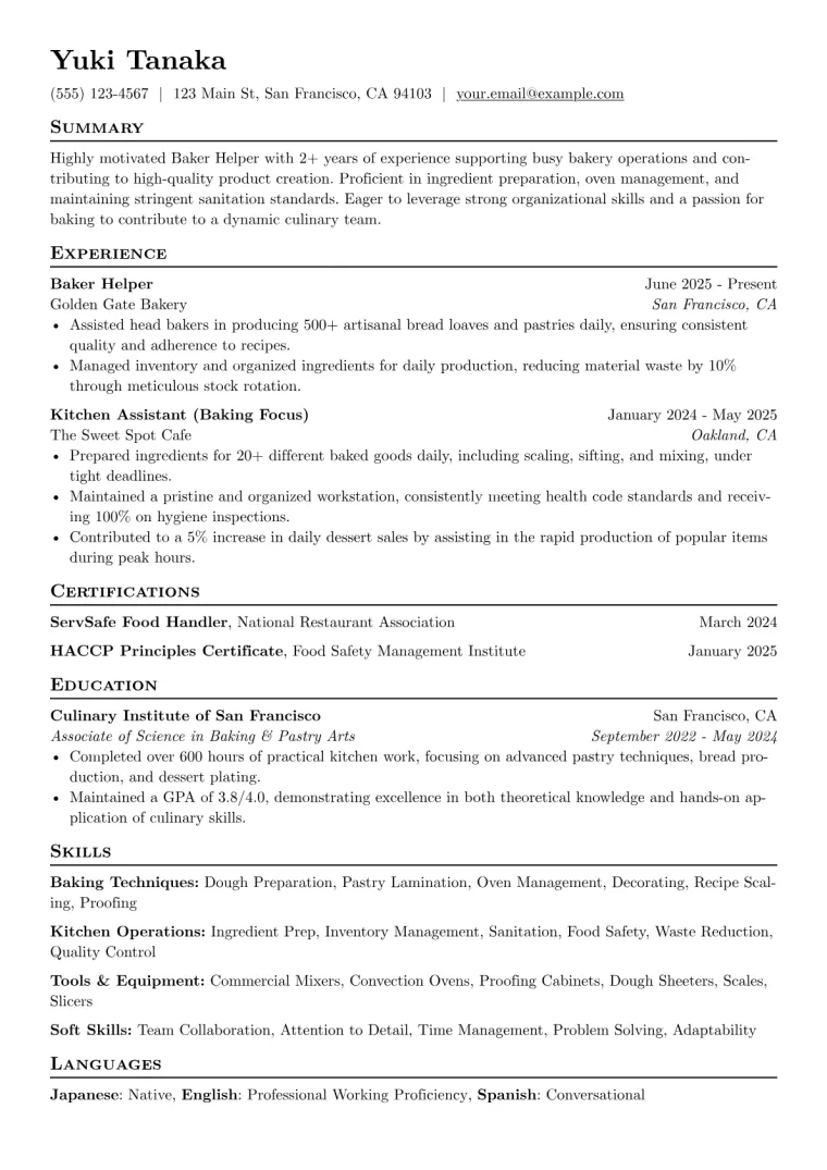 Baker Helper Resume Example preview