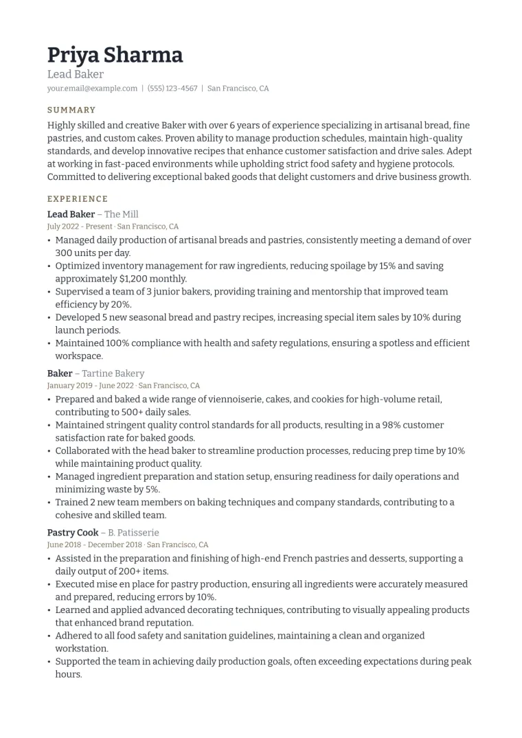 Baker Resume Example CV template preview
