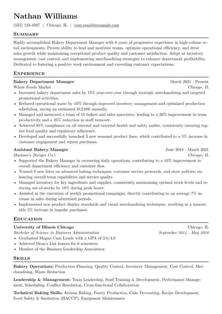 Bakery Department Manager Resume Example CV template preview