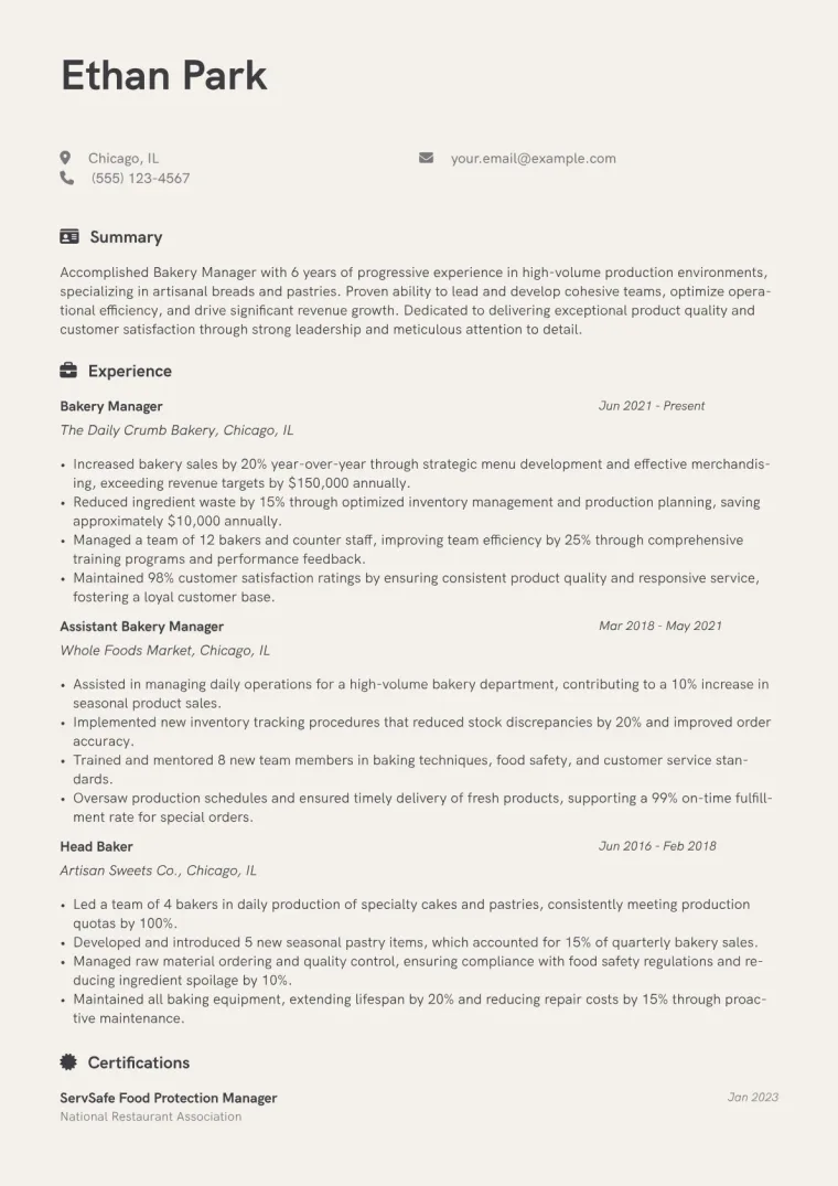 Bakery Manager Resume Example