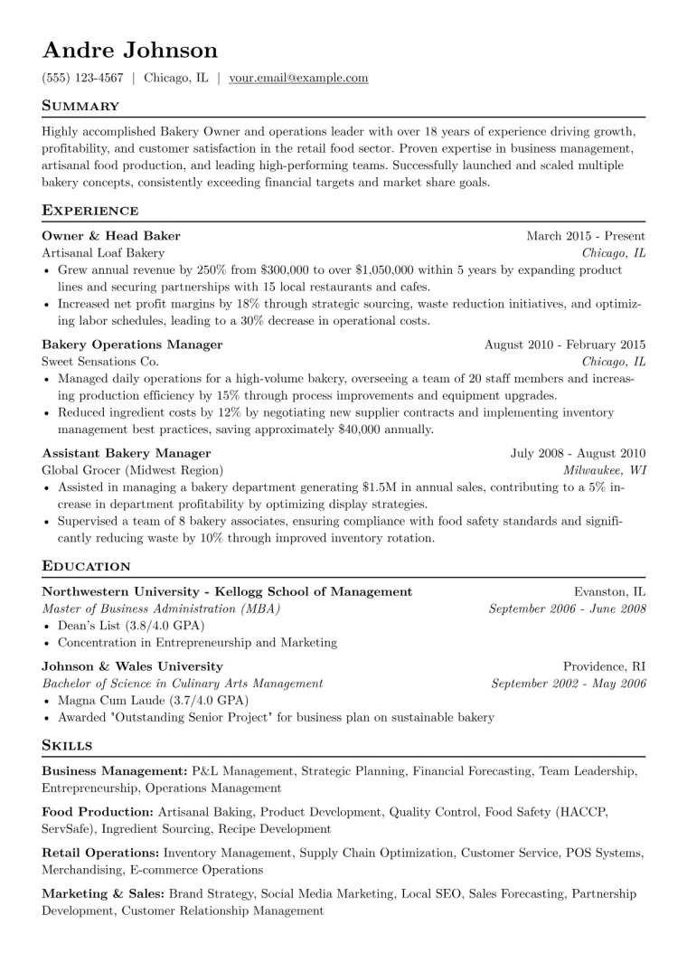 Bakery Owner Resume Example CV template preview