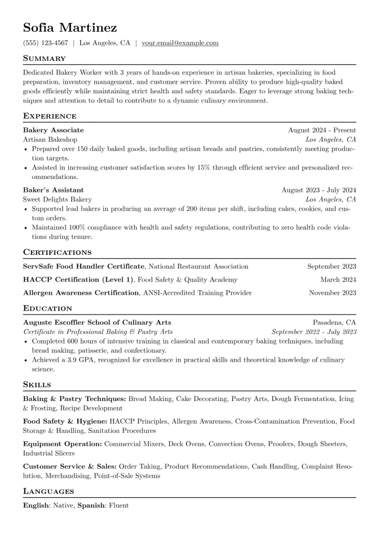 Bakery Worker Resume Example CV template preview