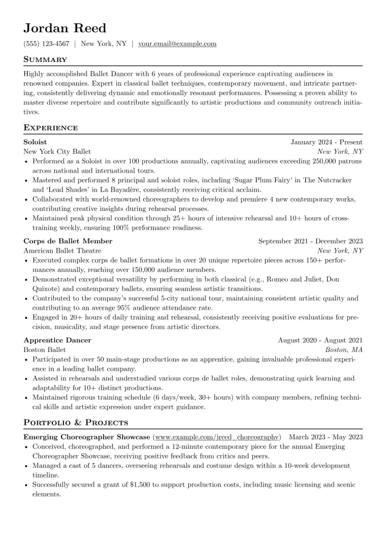 Ballet Dancer Resume Example CV template preview