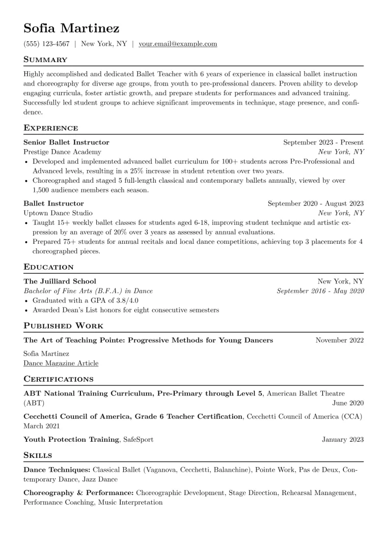 Ballet Teacher Resume Example preview