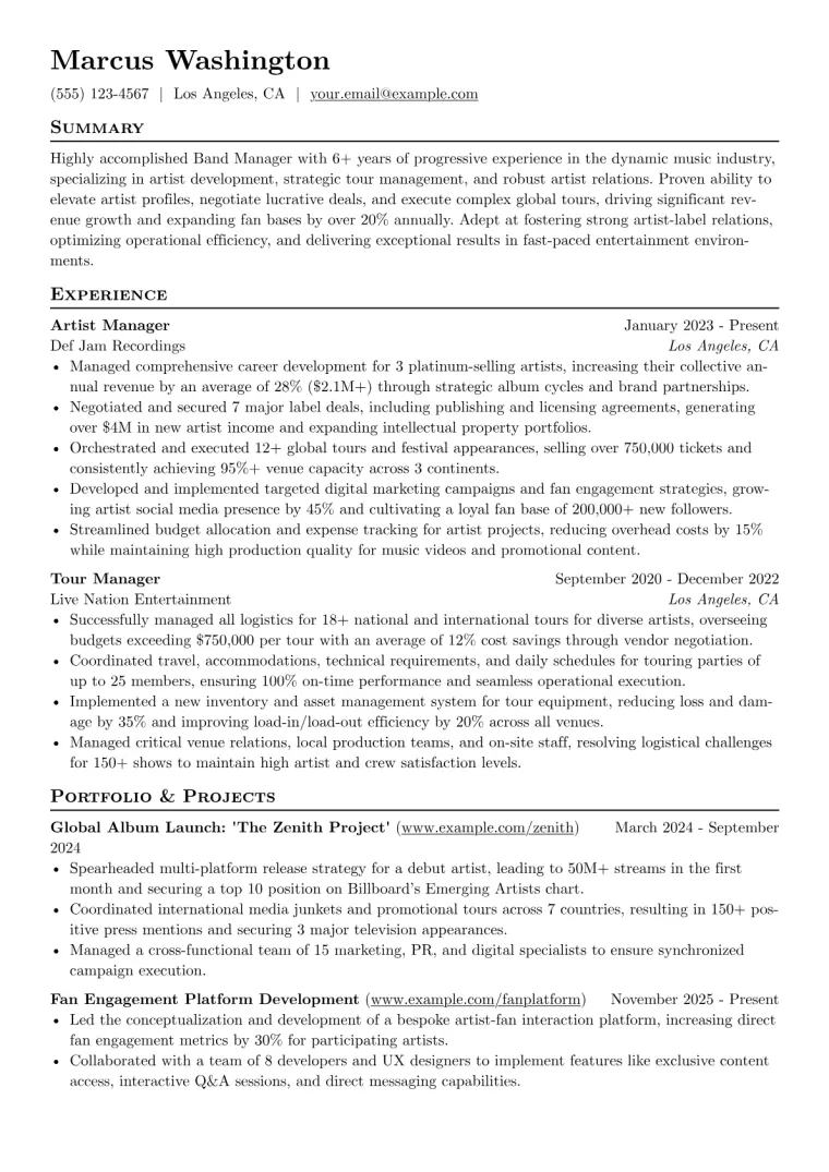 Band Manager Resume Example CV template preview