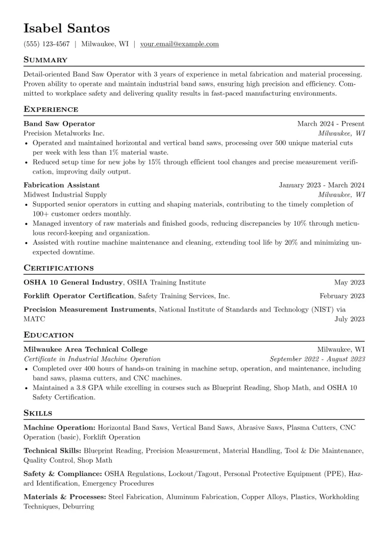 Band Saw Operator Resume Example preview