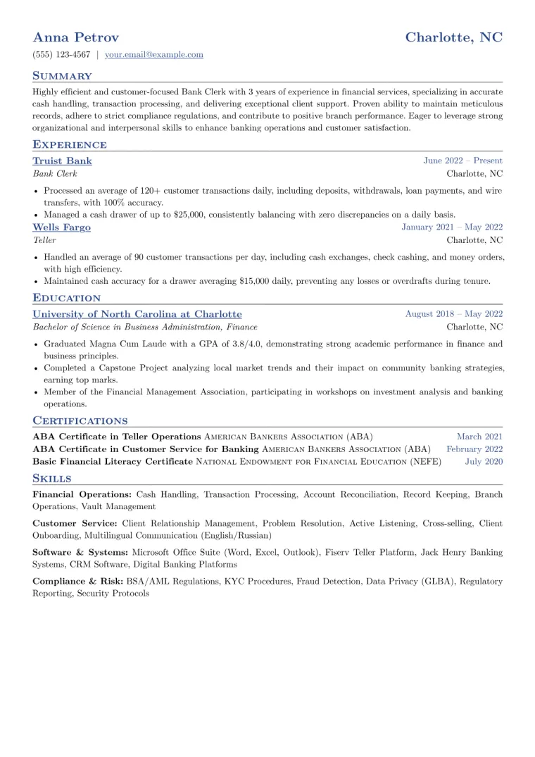 Bank Clerk Resume Example CV template preview