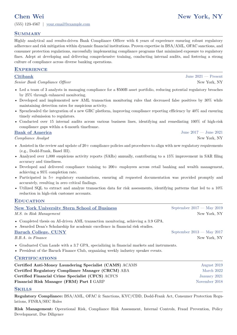 Bank Compliance Officer Resume Example CV template preview
