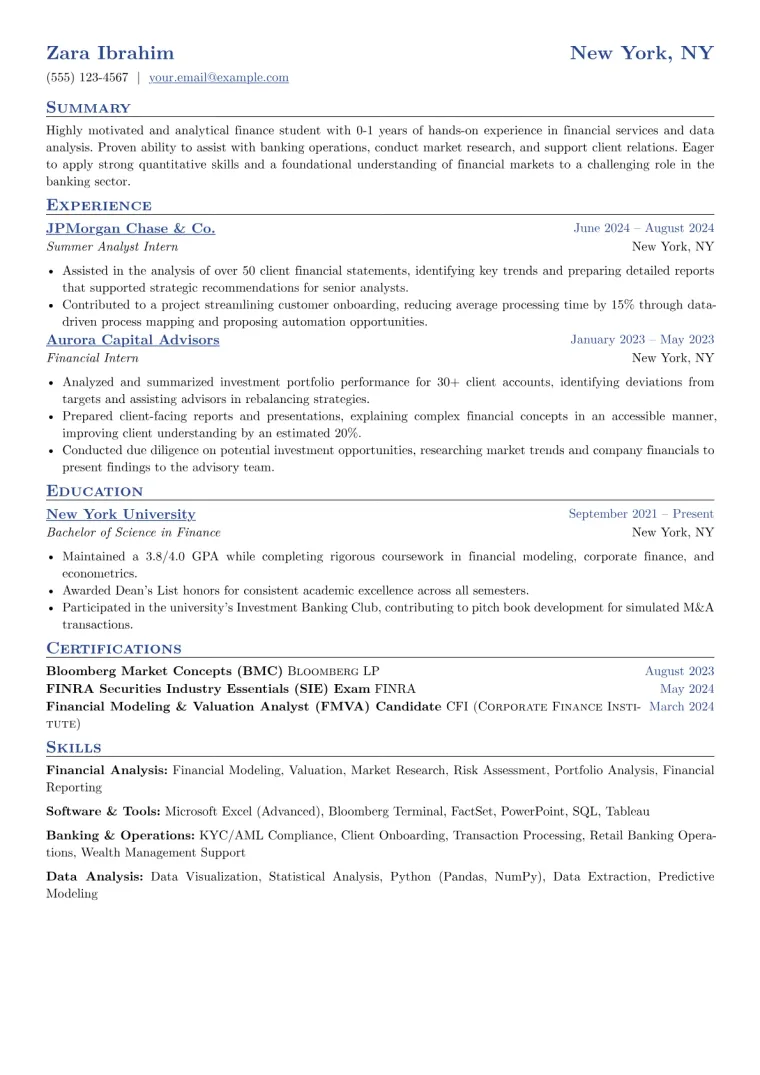 Bank Intern Resume Example CV template preview