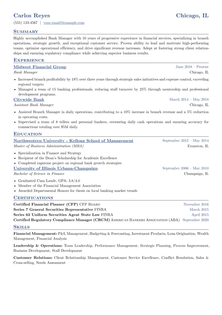 Bank Manager Resume Example CV template preview