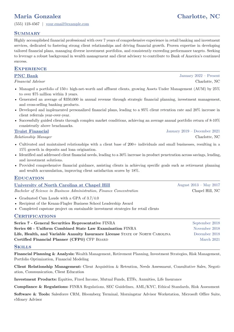 Bank of America Resume Example CV template preview