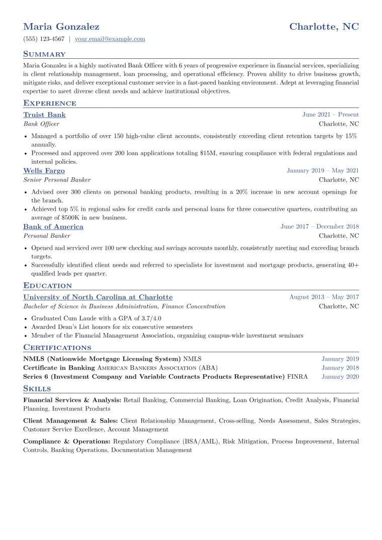 Bank Officer Resume Example CV template preview