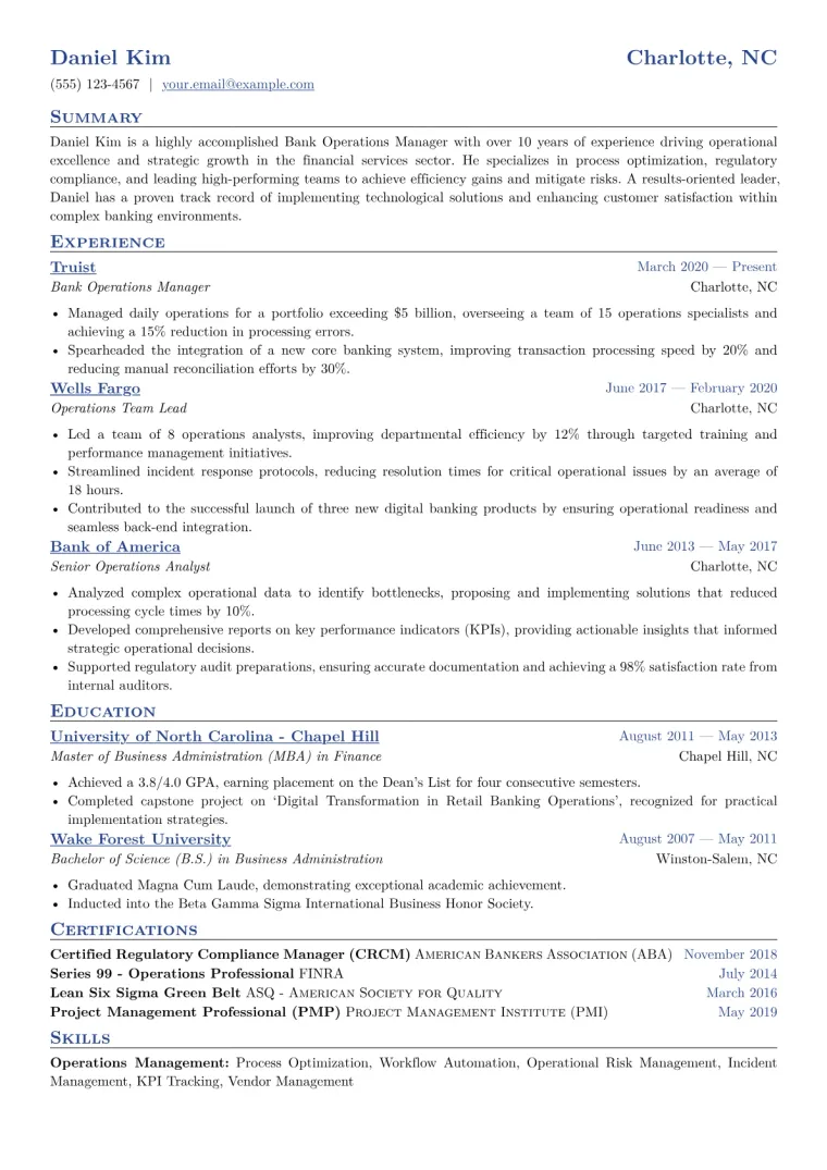 Bank Operations Manager Resume Example CV template preview