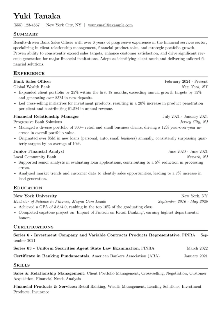 Bank Sales Officer Resume Example CV template preview