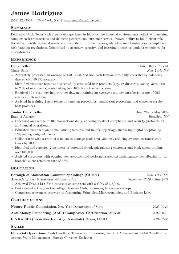 Bank Teller Resume Example CV template preview