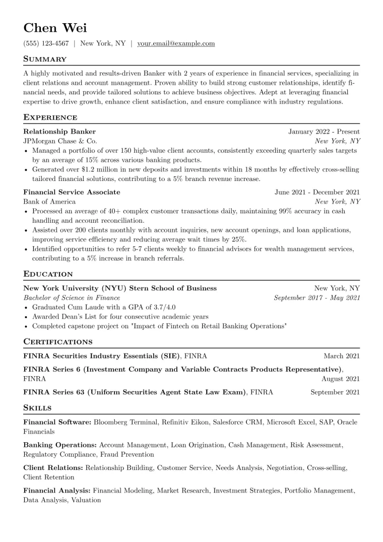 Banker Resume Example CV template preview