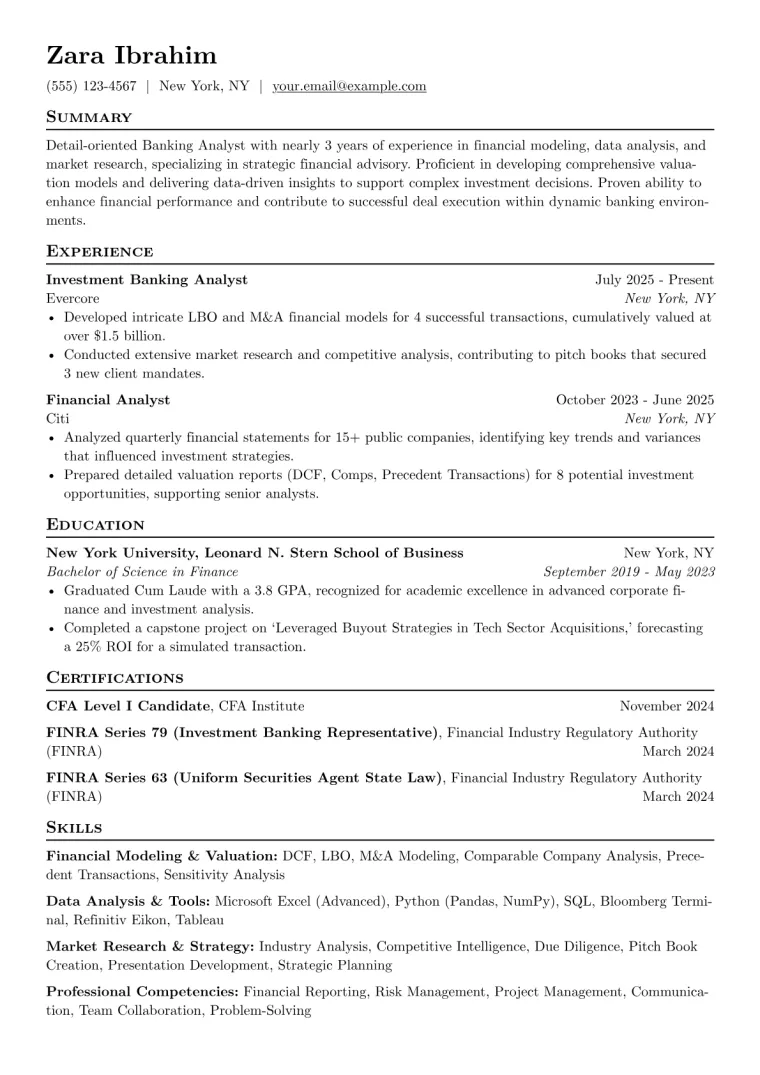 Banking Analyst Resume Example CV template preview