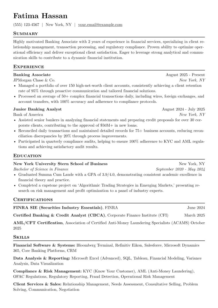 Banking Associate Resume Example CV template preview