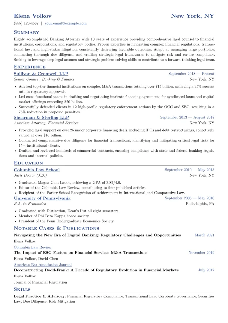 Banking Attorney Resume Example CV template preview