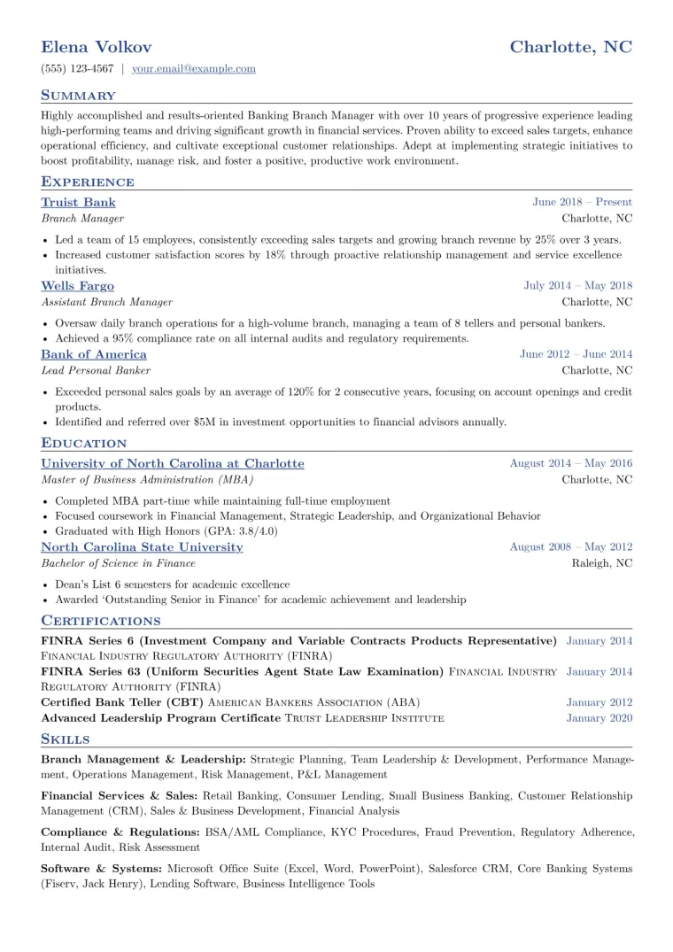 Banking Branch Manager Resume Example CV template preview