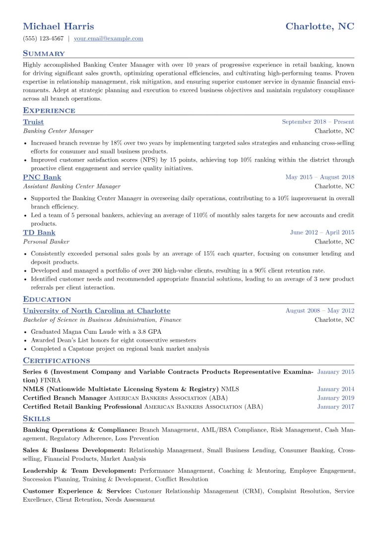 Banking Center Manager Resume Example CV template preview