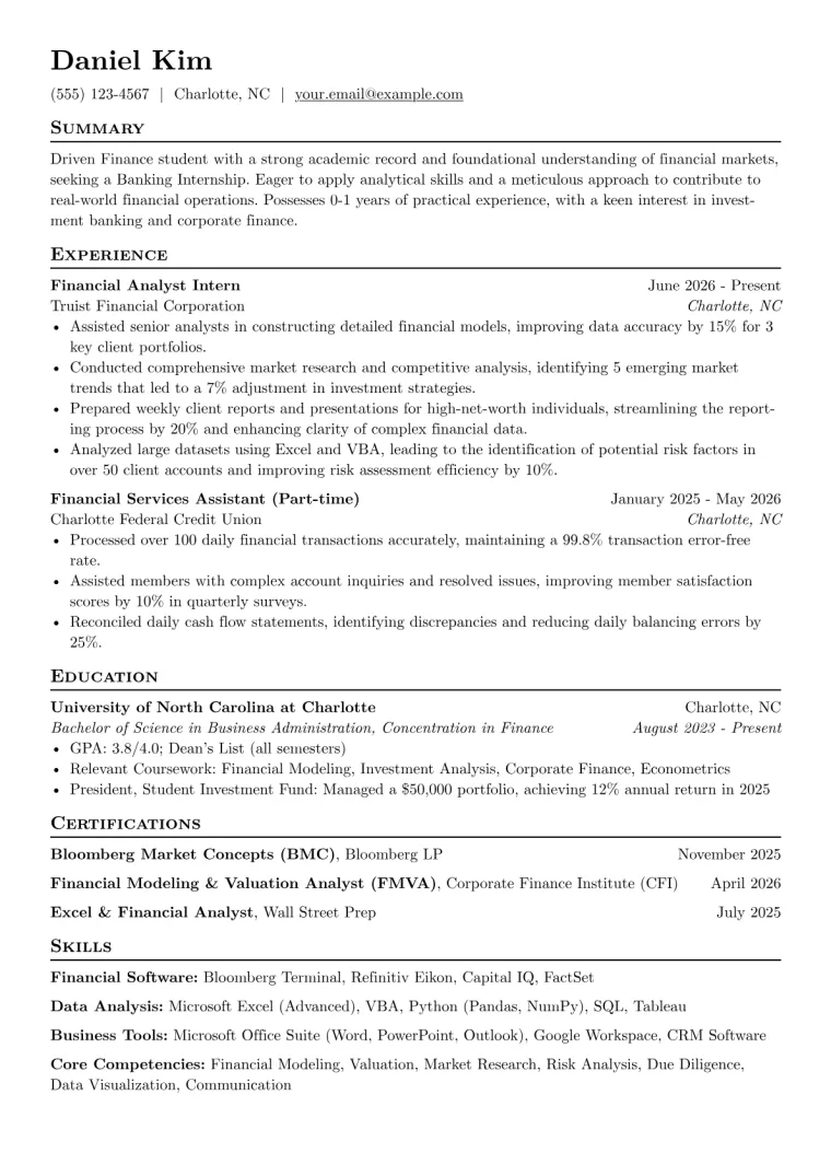 Banking Internship Resume Example CV template preview
