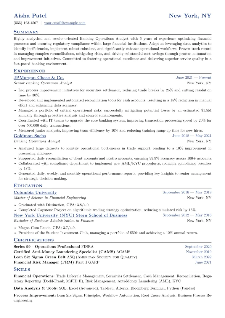 Banking Operations Analyst Resume Example CV template preview