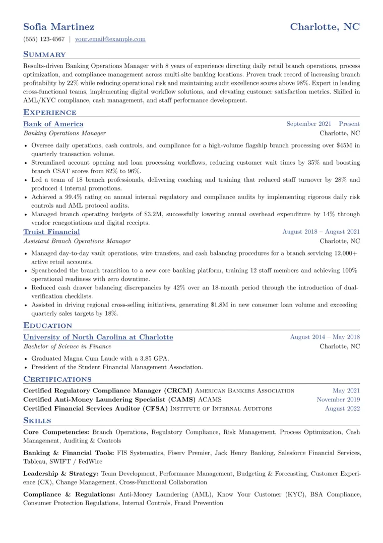 Banking Operations Manager Resume Example CV template preview