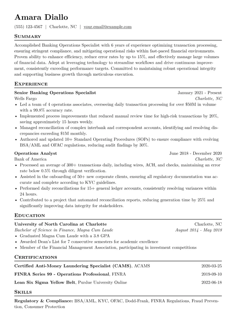 Banking Operations Specialist Resume Example CV template preview