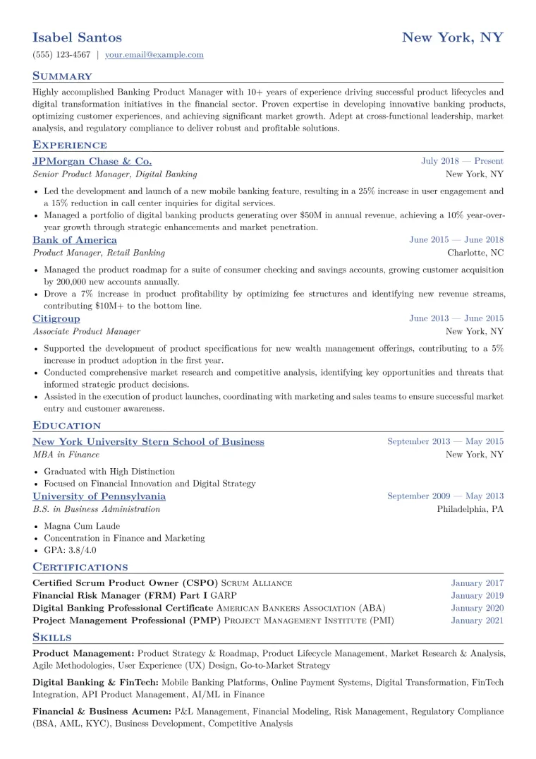 Banking Product Manager Resume Example CV template preview