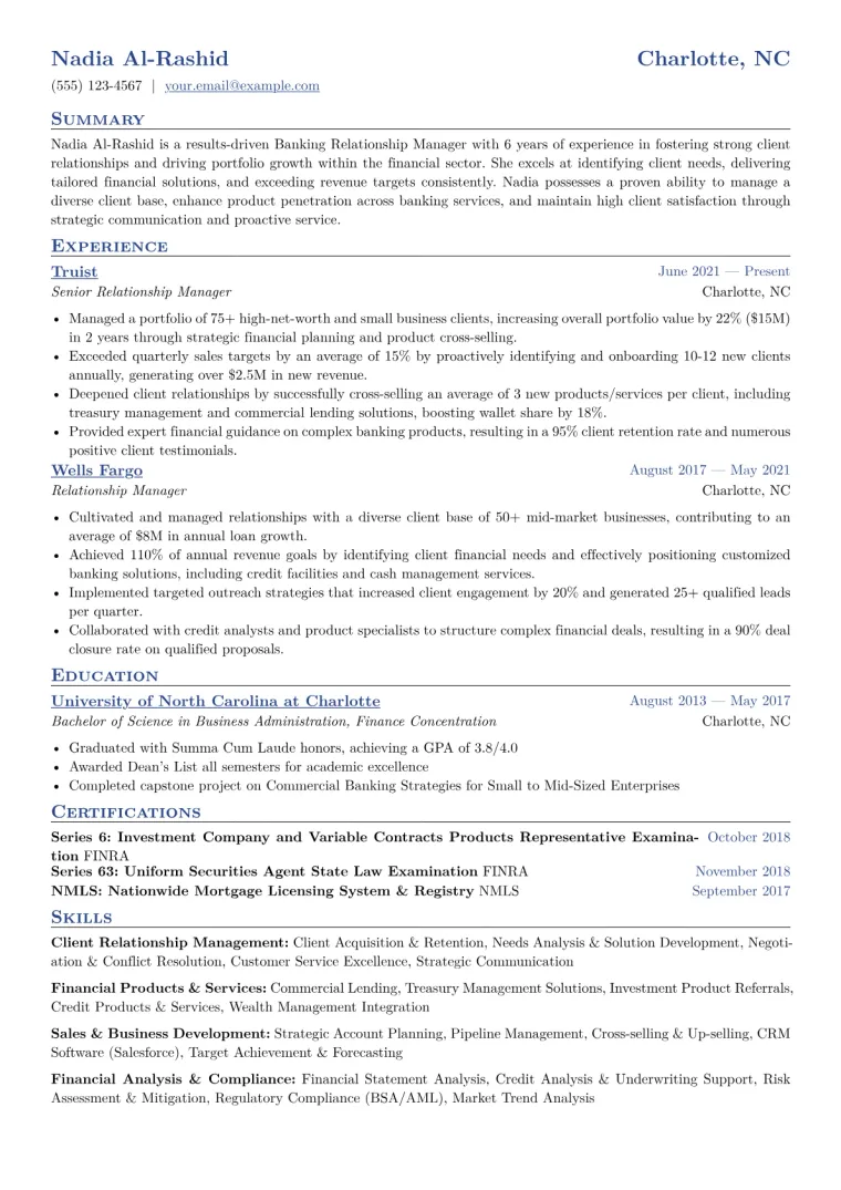 Banking Relationship Manager Resume Example CV template preview