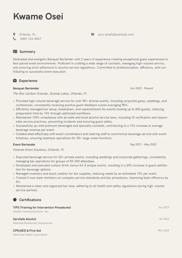 Banquet Bartender Resume Example CV template preview