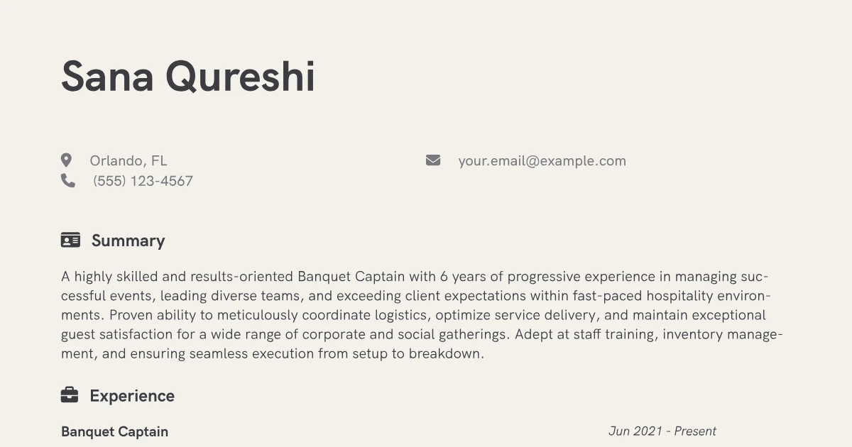 Banquet Captain Resume Examples + Free Template (2026)
