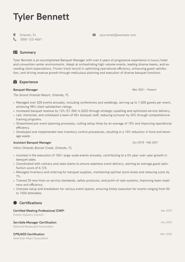 Banquet Manager Resume Example CV template preview