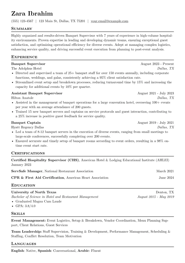 Banquet Supervisor Resume Example preview