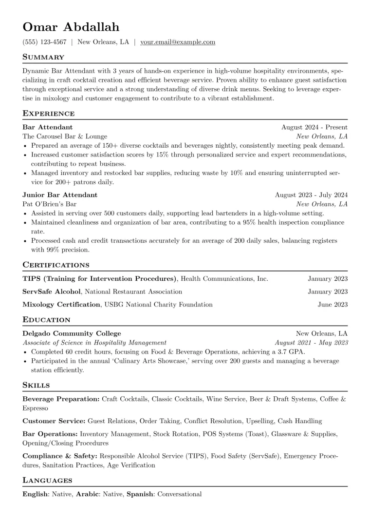 Bar Attendant Resume Example preview