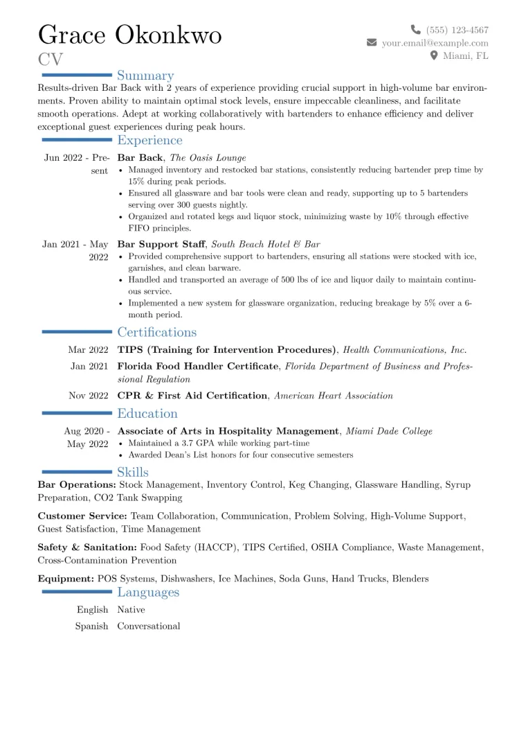 Bar Back Resume Example