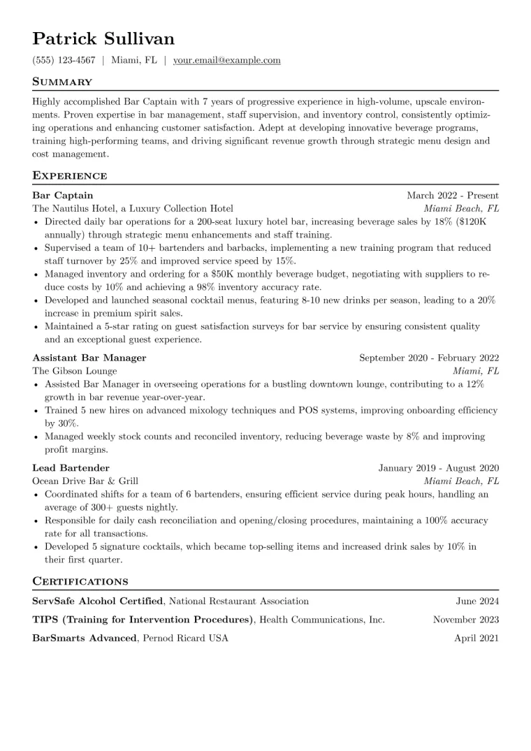 Bar Captain Resume Example preview