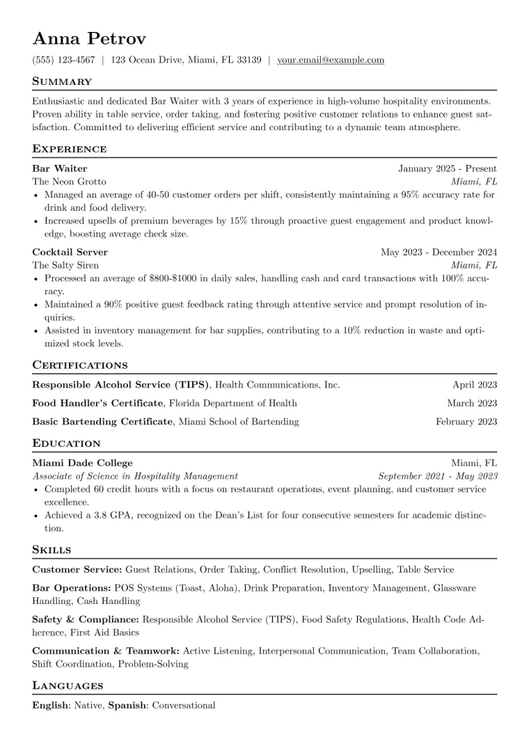 Bar Waiter Resume Example preview