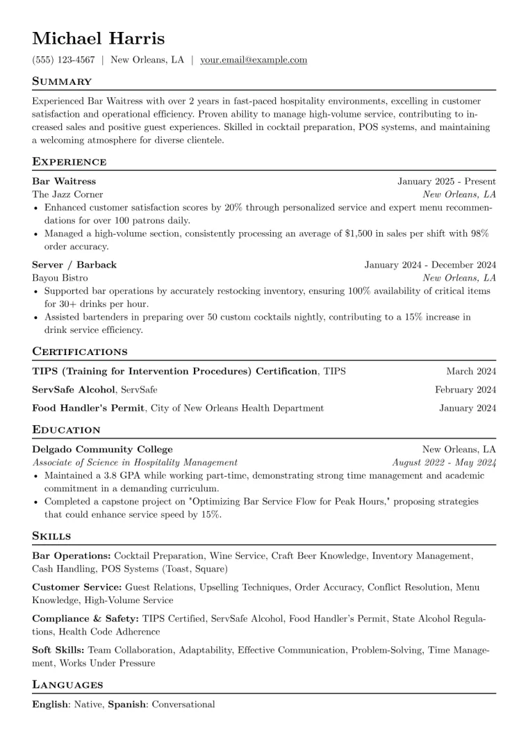 Bar Waitress Resume Example CV template preview