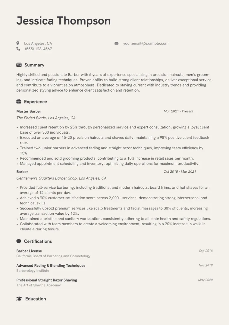 Barber Resume Example CV template preview