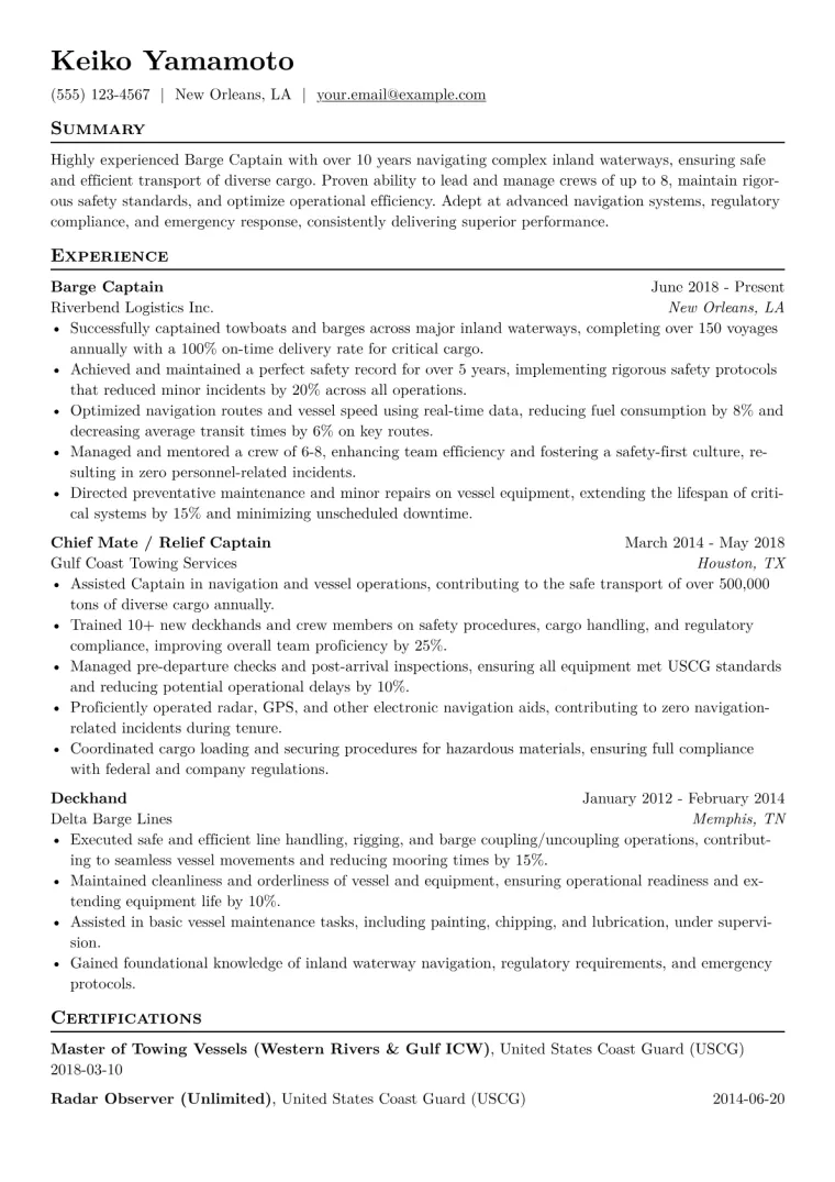 Barge Captain Resume Example CV template preview