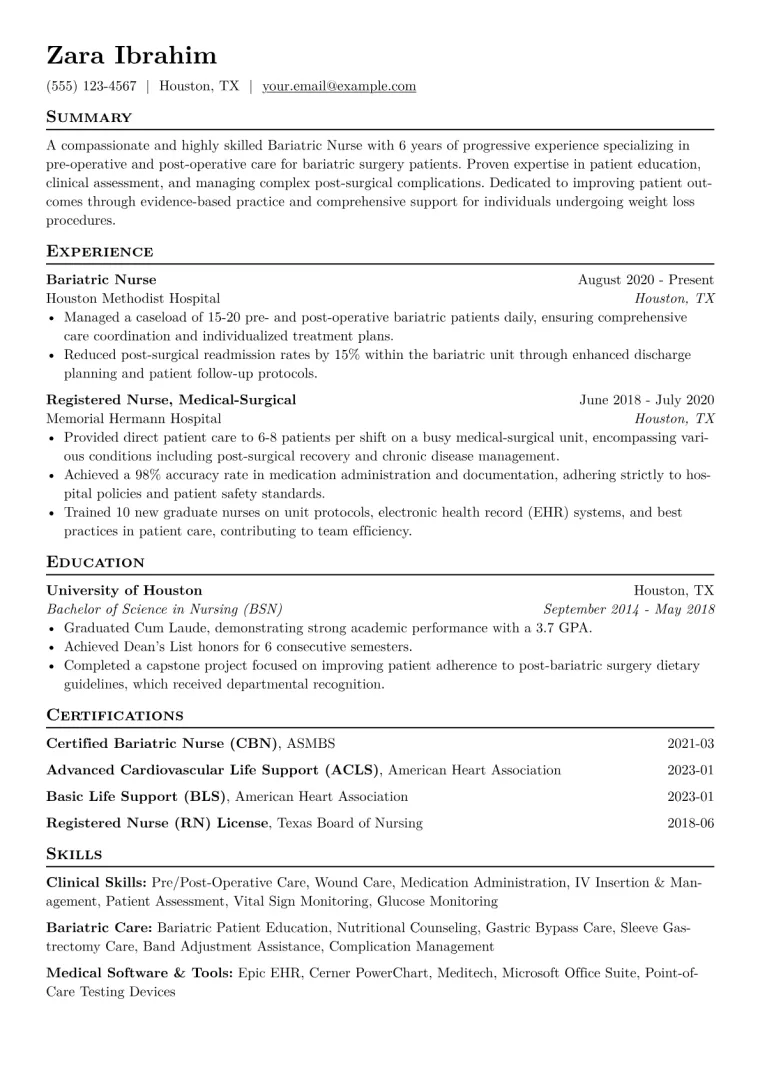 Bariatric Nurse Resume Example CV template preview